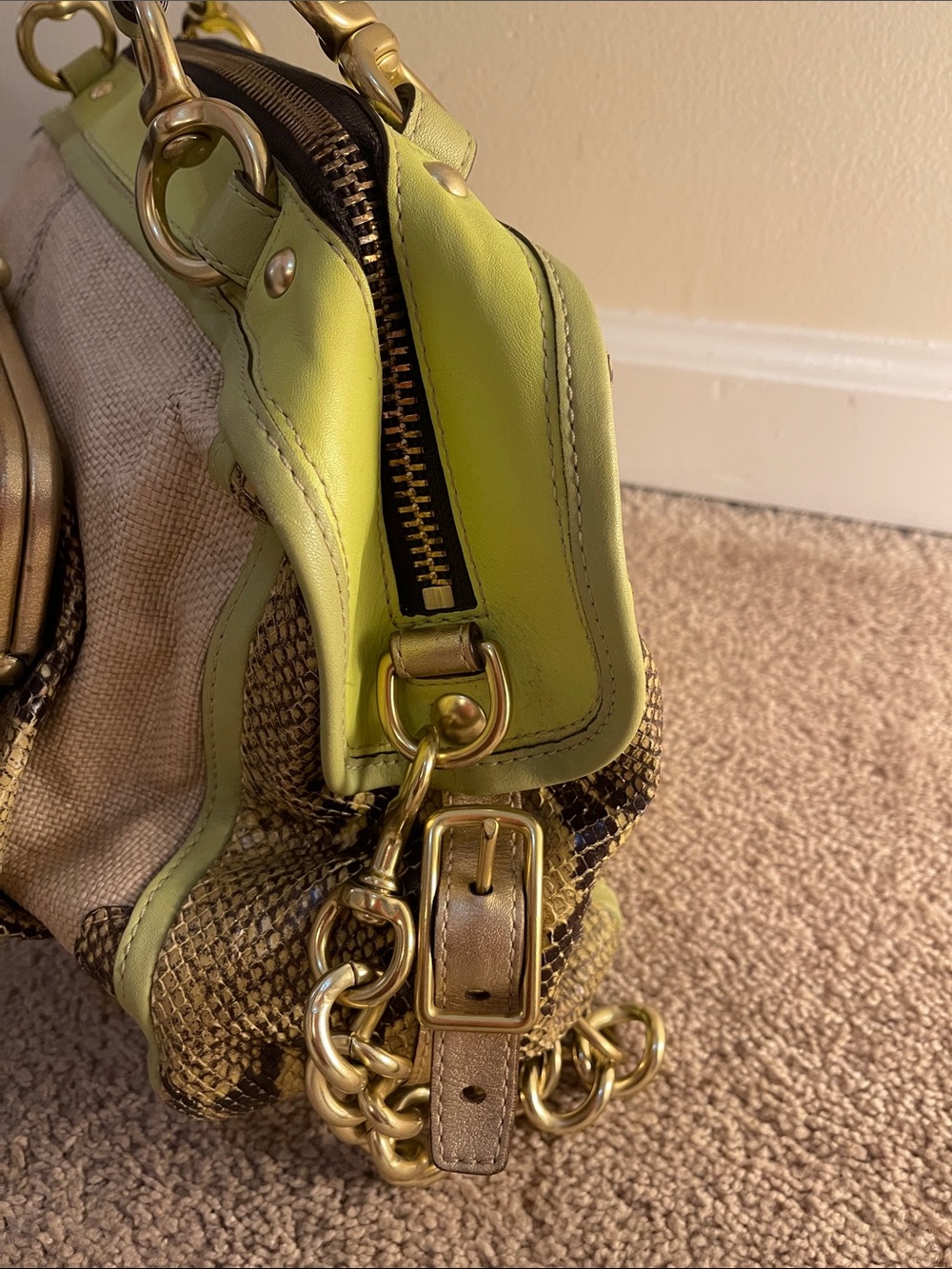 Coach Natalie bag Green Trim Python-Print Canvas Shoulder Bag gold accents - Picture 2 of 13